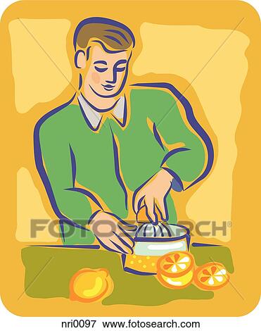 A man squeezing fresh orange juice View Large Illustration Stock Illustration - A man squeezing fresh orange juice. Fotosearch