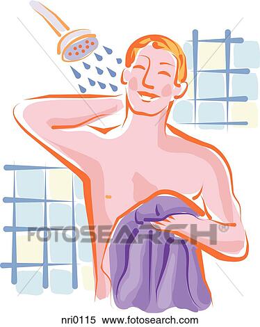 Stock Illustration - A man taking a refreshing shower. Fotosearch