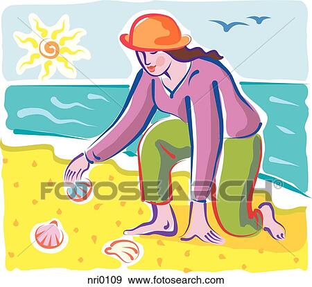 Stock Illustration - A woman collecting seashells on the beach. Fotosearch