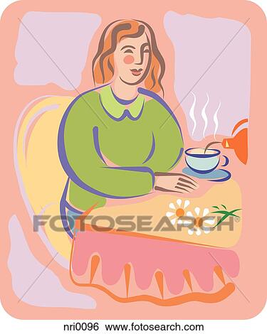 Stock Illustration - A woman drinking a hot cup of herbal tea. Fotosearch