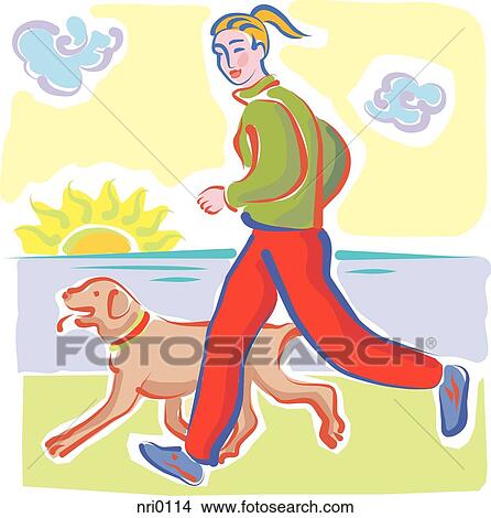 Stock Illustration - A woman jogging on the beach with her dog. Fotosearch