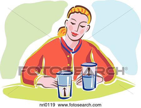A woman looking at two glasses - one is half-full, and the other half-empty View Large Illustration Stock Illustration - A woman looking at two glasses - one is half-full, and the other half-empty. Fotosearch