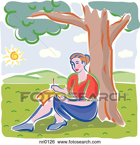 A woman sitting under a tree and writing her journal Stock Illustration ...