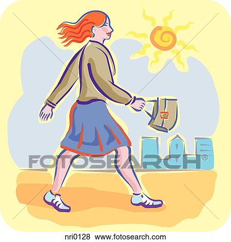 A woman walking in the sunshine View Large Illustration Stock Illustration - A woman walking in the sunshine. Fotosearch