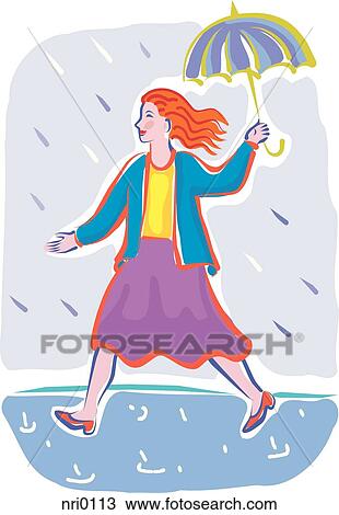 A woman walking to work in a rain shower View Large Illustration Drawing - A woman walking to work in a rain shower. Fotosearch