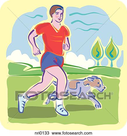 Drawing - A young man and his dog running in the park. Fotosearch