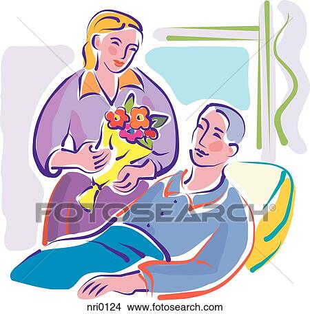Stock Illustration - A young woman visiting a sick elderly man. Fotosearch