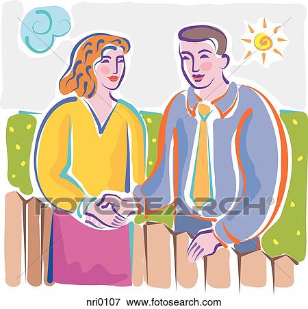 Neighbours shaking hands over a fence View Large Illustration Stock Illustration - Neighbours shaking hands over a fence. Fotosearch
