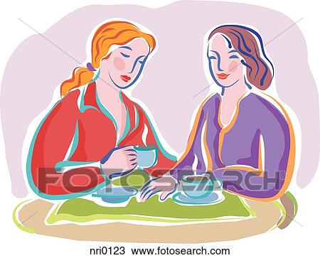 Drawing - Two friends chatting over tea. Fotosearch