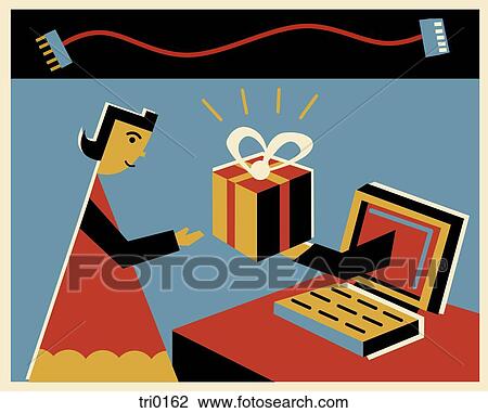 Drawing - A woman receiving an online gift through the computer. Fotosearch
