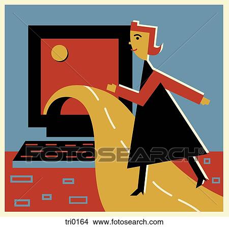A woman walking on a road leading to a computer screen View Large Illustration Stock Illustration - A woman walking on a road leading to a computer screen. Fotosearch