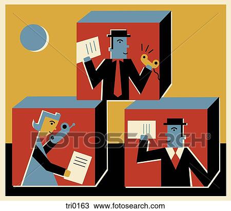 Three business people in boxes View Large Illustration Drawing - Three business people in boxes. Fotosearch