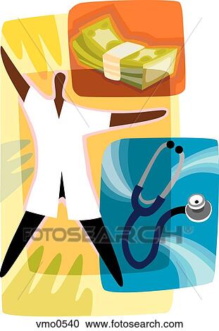 Clipart - Doctor, stethoscope, stack of dollar bills. Fotosearch