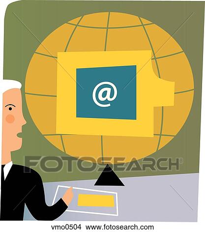Stock Illustration - Businessman emailing on a computer in a globe. Fotosearch