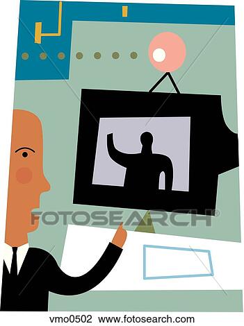 Businessman holding an online conferencing View Large Illustration Drawing - Businessman holding an online conferencing. Fotosearch