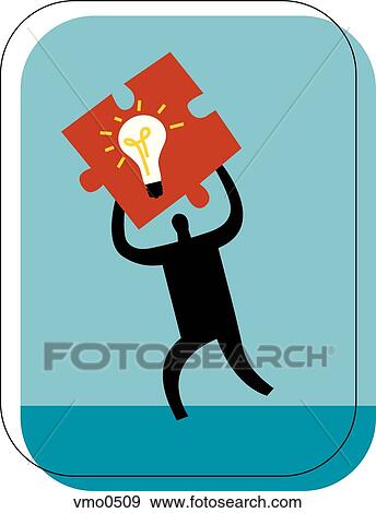 Stock Illustration - Man holding a puzzle piece with a light bulb on it. Fotosearch
