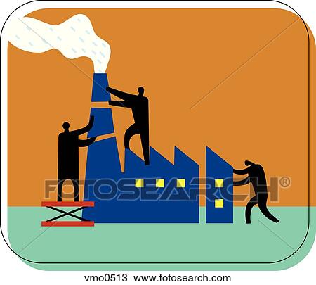 Three people putting together a factory View Large Illustration Drawing - Three people putting together a factory. Fotosearch