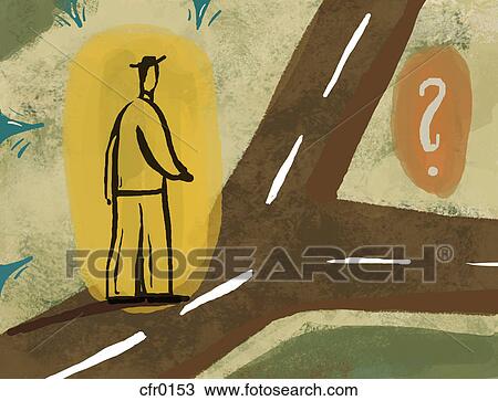 Drawing - A man standing at a crossroads. Fotosearch