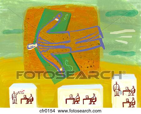 Stock Illustration - Illustration of a man escaping the 9 to 5 job market. Fotosearch