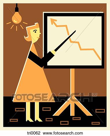 Businesswoman pointing to a growth chart View Large Illustration Drawing - Businesswoman pointing to a growth chart. Fotosearch