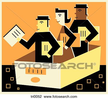 Three people in a file drawer holding documents View Large Illustration Drawing - Three people in a file drawer holding documents. Fotosearch