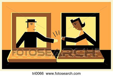 Stock Illustration - Two people inside computers, communicating online. Fotosearch