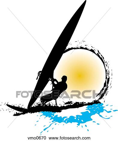 Clipart - A windsurfer surfing with te sun in the background. Fotosearch