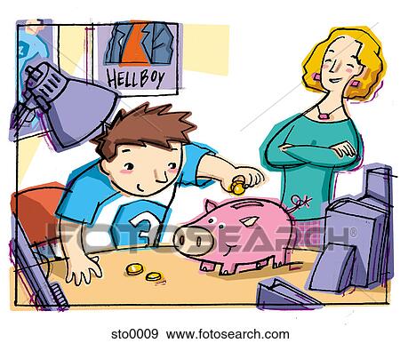 boy putting money in piggy bank View Large Illustration Stock Illustration - boy putting money in piggy bank. Fotosearch
