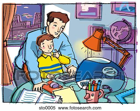 dad helping son with homework View Large Illustration Stock Illustration - dad helping son with homework. Fotosearch
