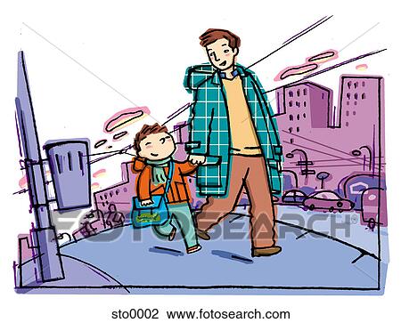 father and son walking to school View Large Illustration Drawing - father and son walking to school. Fotosearch