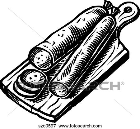 Stock Illustration - A drawing of Pepperoni sausages on a cutting board. Fotosearch