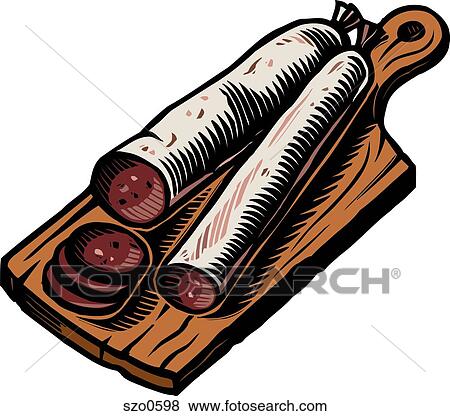 A drawing of Pepperoni sausages on a cutting board View Large Illustration Stock Illustration - A drawing of Pepperoni sausages on a cutting board. Fotosearch