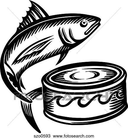 Drawing - An illustration of a canned tuna fish in black and white. Fotosearch