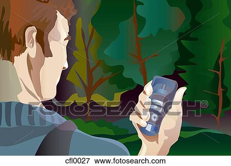 A 人 使うこと A 携帯電話 中に A 森林 イラスト Cfl0027 Fotosearch