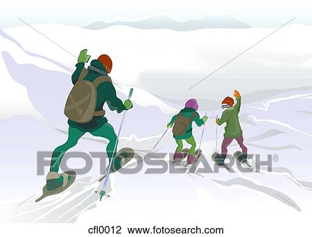 Drawing - A drawing of a father and his children snowshoeing on snow capped mountains. Fotosearch
