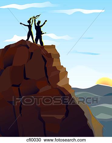 Clipart - A drawing of people cherring at the top of a mountain. Fotosearch