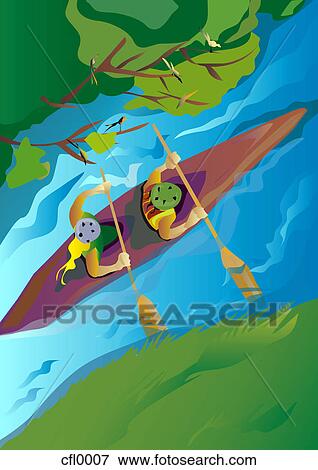 Stock Illustration - A drawing of two people kayaking against the rapids. Fotosearch