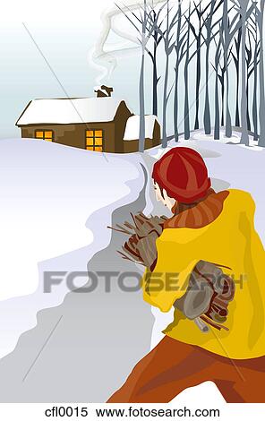 Stock Illustration - A man waslking back to his winter cabin carrying firewood. Fotosearch