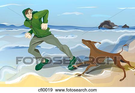 Stock Illustration - A man with his dog at the beach. Fotosearch