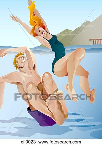 Drawing - A picture of a happy couple jumping in the water. Fotosearch