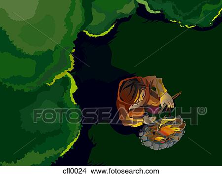 Stock Illustration - A woman lights up a campfire in the forest. Fotosearch