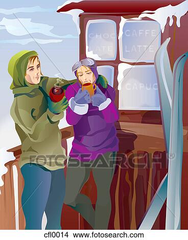 Stock Illustration - An illustration of a couple enjoying hot beverages at apres ski. Fotosearch