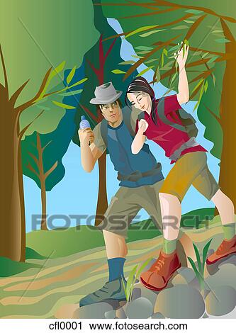 An illustration of a couple hiking together View Large Illustration Clip Art - An illustration of a couple hiking together. Fotosearch
