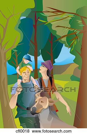 An illustration of a family walking in a park Stock Illustration