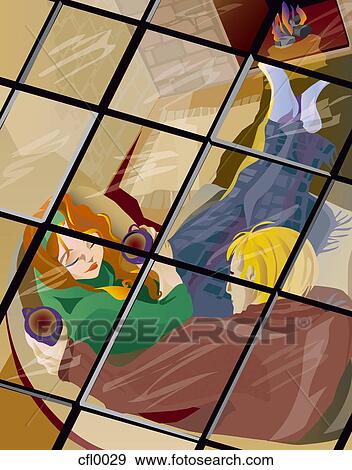Stock Illustration - An illustration of a man and woman having cocoa by the fire. Fotosearch