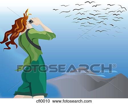 Clipart - An illustration of a woman bird watching on the mountains. Fotosearch