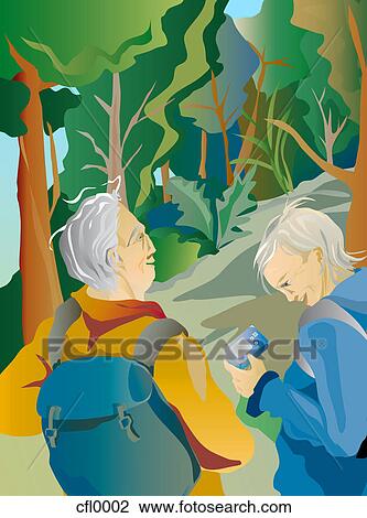 Drawing - An illustration of two seniors hiking together. Fotosearch