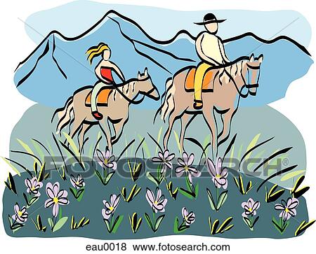Stock Illustration - A couple horseriding in the fields by the countryside. Fotosearch