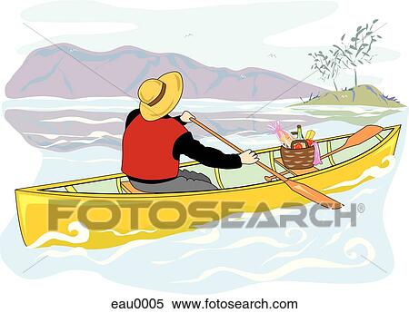Stock Illustration - A drawing of a man canoeing on a river. Fotosearch