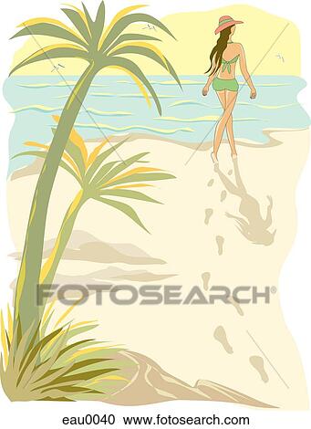 A drawing of a woman walking on the beach View Large Illustration Clipart - A drawing of a woman walking on the beach. Fotosearch